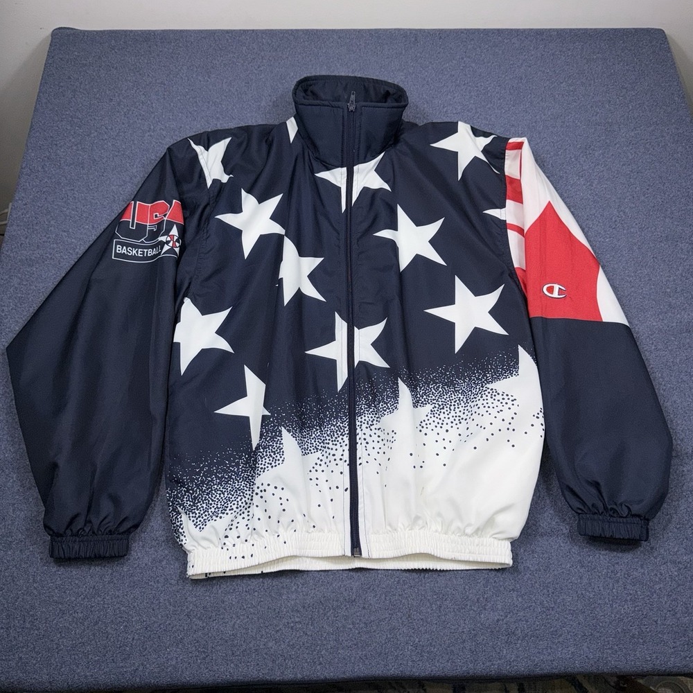 Vintage Champion USA Basketball Jacket Mens Red White Blue Stars Warm Up Large